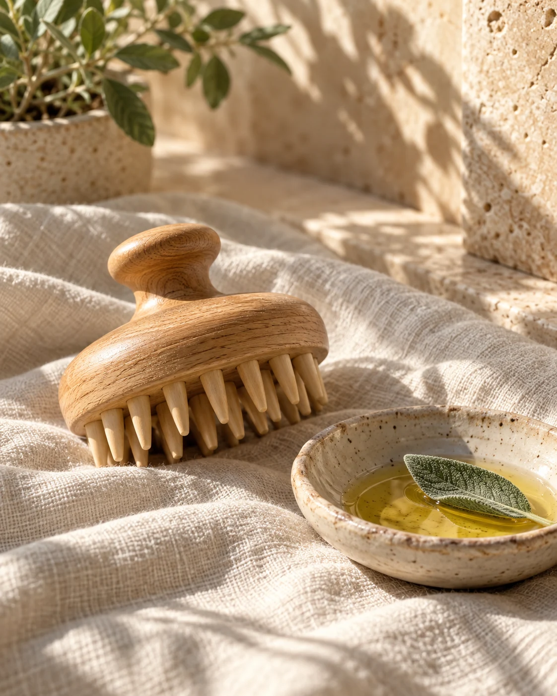 A wooden scalp brush, ceramic dish, and sage leaf on soft linen